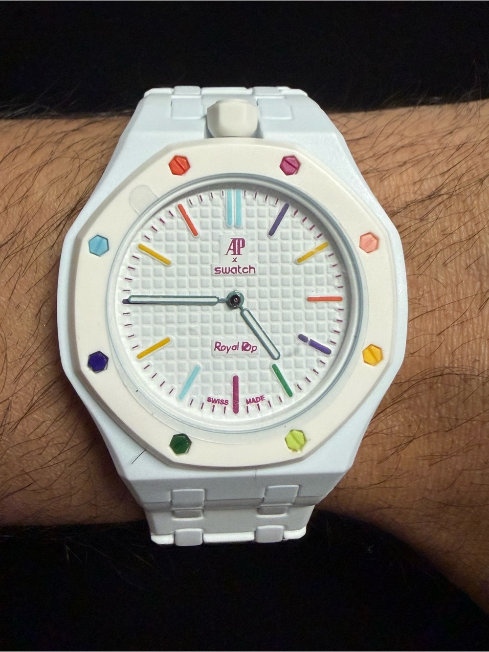 Swatch Royal Oak Style Smartwatch – White with Multicolor Accents